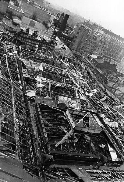 The roof of Selfridges, London, following an air raid attack. 20th April 1941