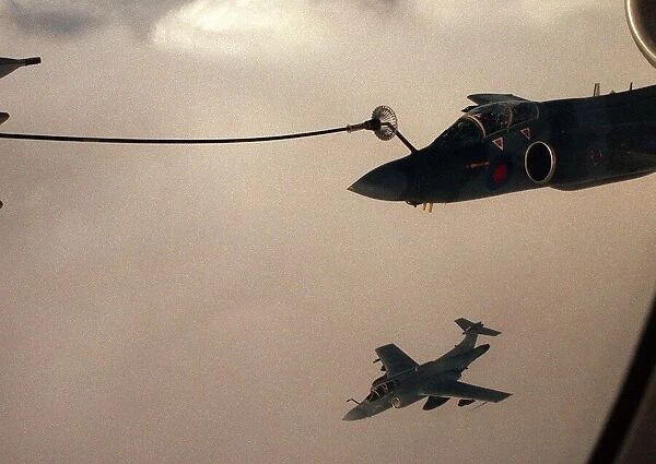 A Royal Air Force BAe Buccaneer S2B of 12 Squadron refuels his aircraft from a VC10
