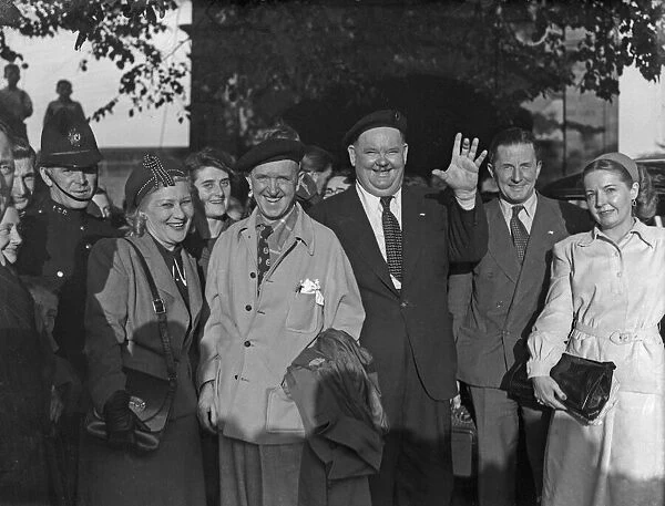 The scene outside Coventry railway station when film comedians Laurel and Hardy