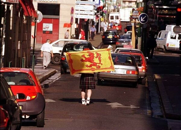 Scots Fan World Cup France 1998 Football Walking middle of road wearing a