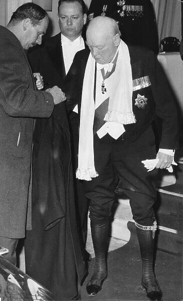 Sir Winston Churchill wearing Knight of the Garter evening dress at official dinner