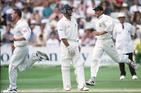 South Africa celebrate the wicket of England June 1998 batsman Nasser Hussain during