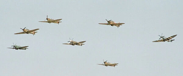 Spitfires and Hurricanes seen here during the flypast to commemorate tge 50th Anniversary