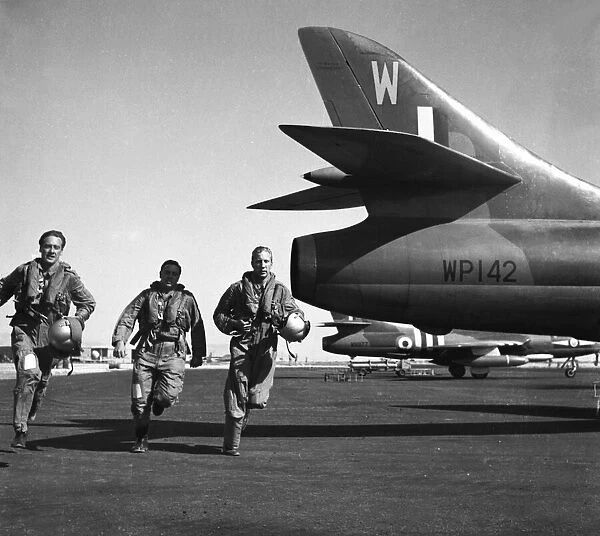 Suez Crisis 1956 On a British airbase in Cyprus the pilots of Hunter jets scramble
