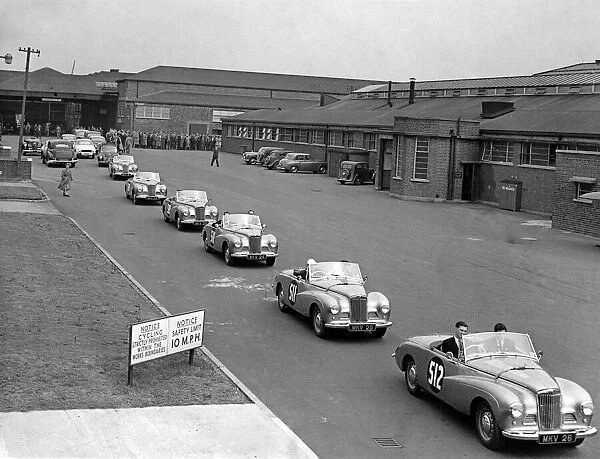 Sunbeam Talbot Alpine trial departure from Ryton factory, Coventry