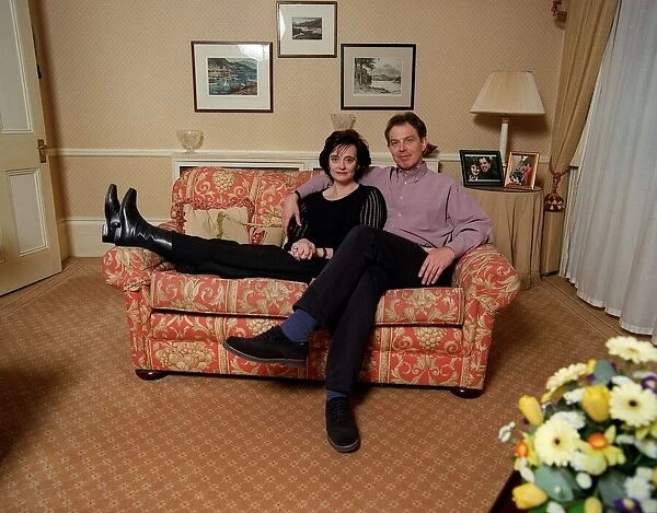 Tony Blair at home with wife Cherie relaxing in the lounge. March 1997