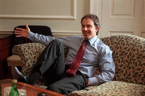 Tony Blair Prime Minister March 98 Sitting ion sofa at 10 downing street talking to