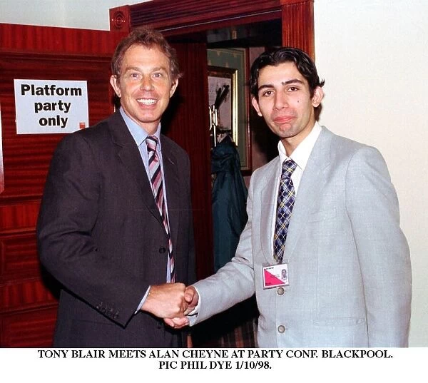 Tony BLair Prime Minister Ocotber 1998 shaking hands with Alan Cheyne at Labour Party