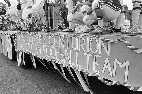 Toxteth Carnival, Liverpool, 9th July 1986. The Mersey Centurion American Football Team