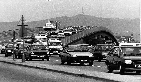 Traffic at the Gabalfa Flyover, Wales, 29th October 1985