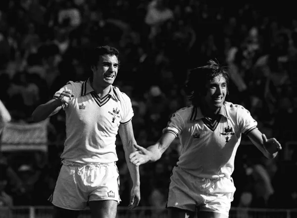 Trevor Brooking and Billy Bonds celebrate after West Ham beat Arsenal in the FA Cup final