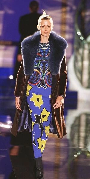 Trish Goff models for Versace at Paris Fashion Show Fake fur collar coat