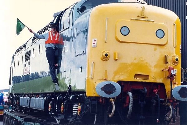 Volunteer Rosemary Smith welcomes the Deltic diesel locomotive to the Stephenson Rail