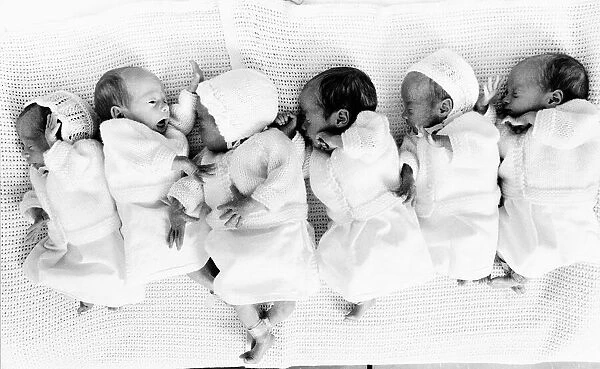 Walton Family Sextuplets, all wearing cardigans and some hats laying next to each