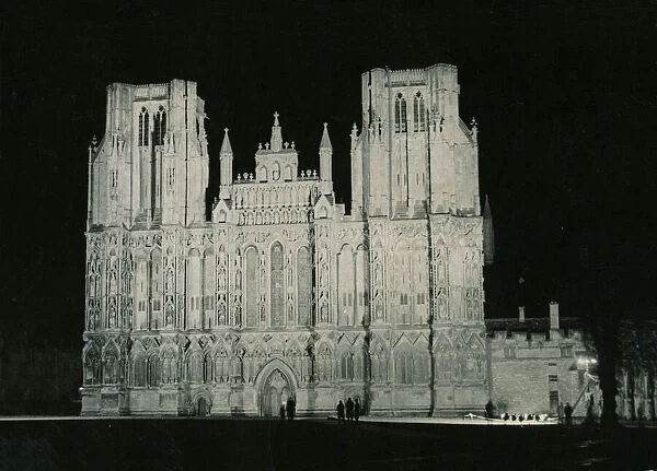 Wells Cathedral Somerset photographed from between two trees 19 century Gothic