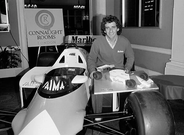 World Champion Alain Prost at Londons Connaught Rooms October 1985