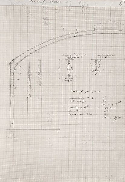 Isambard Kingdom Brunel sketch: roof span at Windsor Station, with calculations. c1849-51