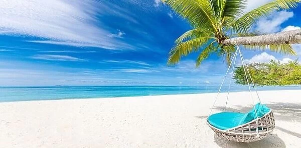 Beautiful tropical island with palm trees and beach swing or hammock panoramic landscape. Luxury travel vacation paradise coast shore sea view inspire
