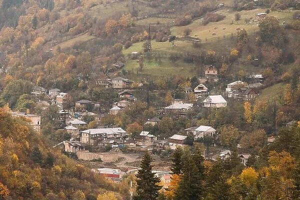 Borjomi, Samtskhe-Javakheti, Georgia - Aerial View Cityscape Of Borjomi Resort City Autumn October Day. Borjomi Is A Resort Town In South-central Geo