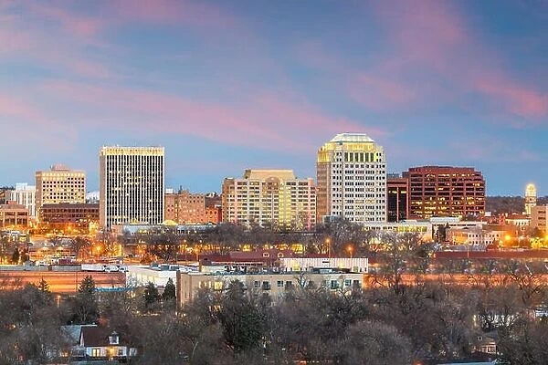 Colorado Springs, Colorado, USA downtown city skyline at dusk