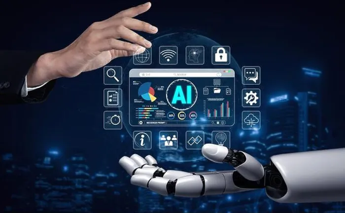 Framed Print : Futuristic Human Hand Print with Robotic Arm and AI Interface Framed Print : Futuristic Human Hand Print with Robotic Arm and AI Interface