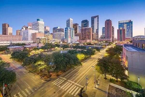 Houston, Texas, USA downtown park and skyline at twilight