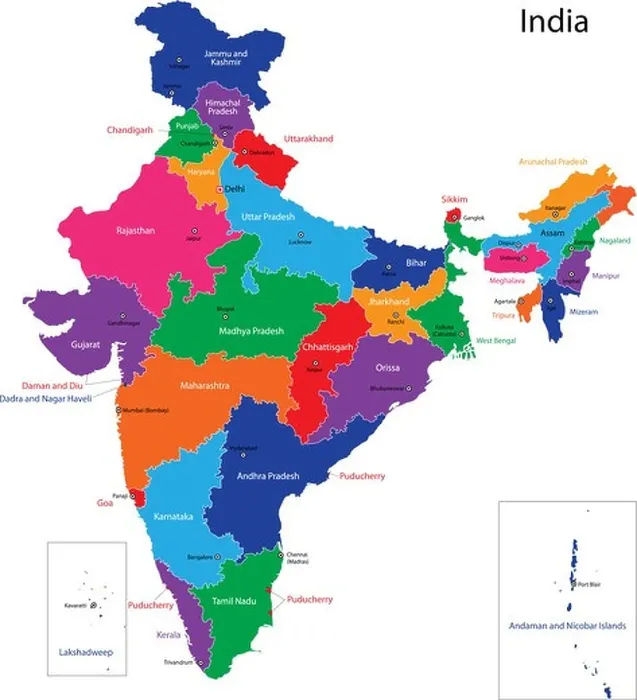 Framed Print : India Map Print - Coloured States of the Republic of India Framed Print : India Map Print - Coloured States of the Republic of India
