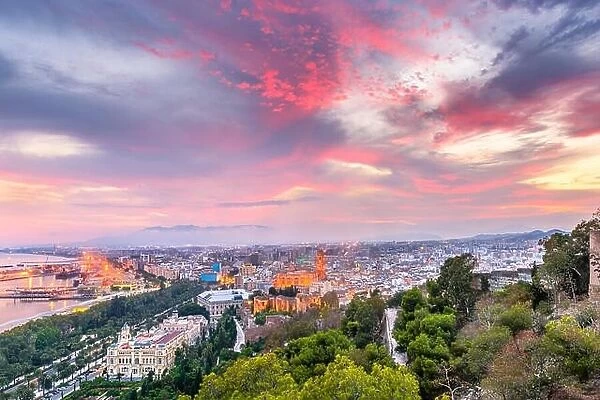 Malaga, Spain old town skyline at dusk