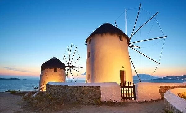Mykonos night evening landscape with a windmills, Mykonos Island, Cyclades, Greece