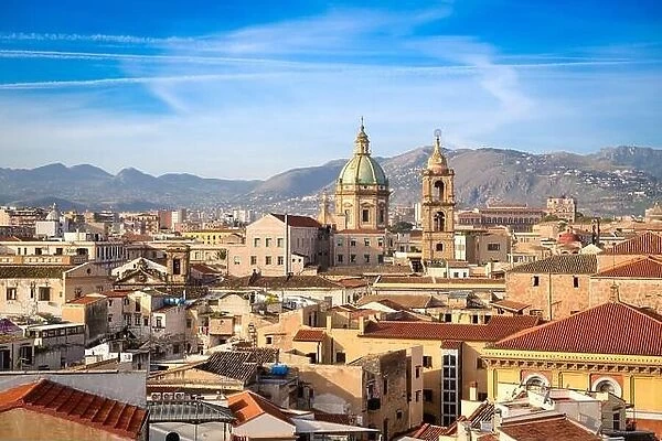 Palermo, Sicily town skyline with landmark towers in the morning