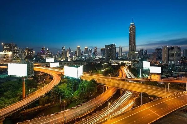 Panoramic Bangkok city building modern business district with expressway in downtown at twilight in Bangkok, Thailand