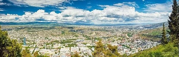 Tbilisi, Georgia. Scenic Aerial View, Panorama, Cityscape With Beautiful Blue Sunny Sky. Summer Season