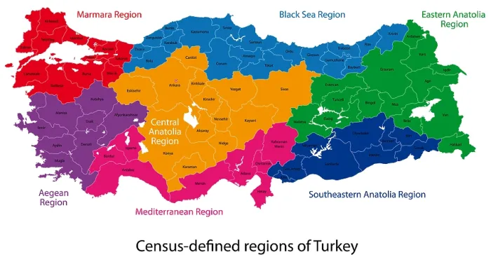Framed Print : Turkey Map Print with Colored Regions