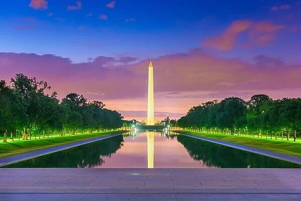 Washington Monument on the Reflecting Pool in Washington, D.C. USA at dawn