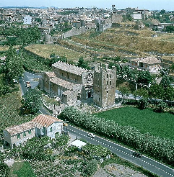 Aerial view of Tuscania: the church of Santa Maria Maggiore and its bell tower