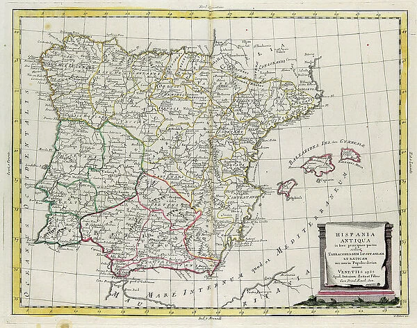 Ancient Spain divided into three distinct areas, namely Terraconensis, Lusitania and Baetica and also divided into peoples, engraving by G. Zuliani taken from Tome I of the 'Newest Atlas' published in Venice in 1785 by Antonio Zatta, Private Collection
