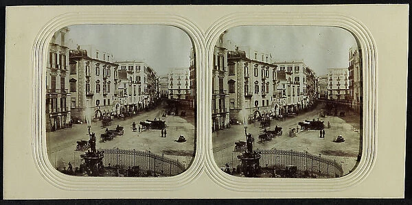 Animated view of Piazza Giovanni Bovio in Naples, with the Fountain of Neptune in the center; Stereoscopic photography