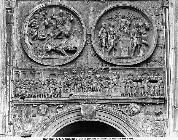 Arch of Constantine. Base relief on the front north side of the arch, Rome