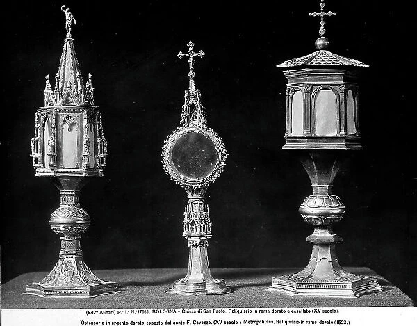 Two architectural shrines and an ostensory. The left shrine is located in the Church of S. Paolo, the right one is by the Metropolitan Opera in Bologna. The objects were shown at the Exhibition of Sacred Art that took place in Bologna in 1900. The ostensory belonged to the Collection of Count F. Cavazza