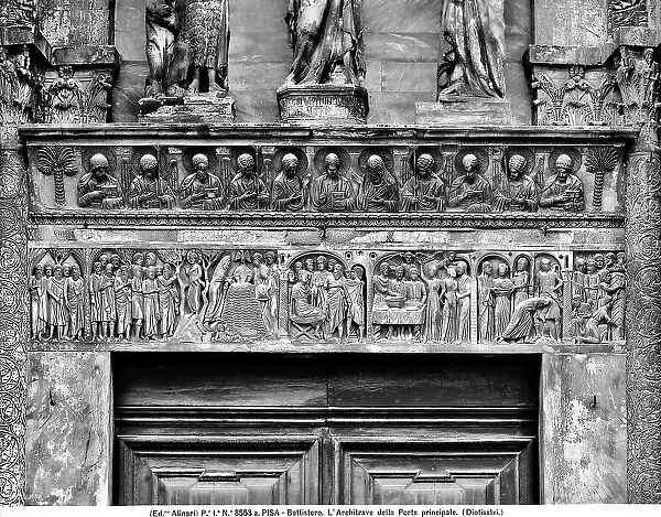 Architrave of the Main Portal of the Baptistery. In the lower part are the Stories of St. John the Baptist and in the upper part is Jesus among the Virgin, the Baptist, Angels and the Evangelists. Campo dei Miracoli, Pisa