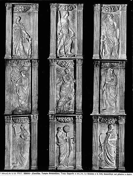 Bas-relief depictions of the Arts and Sciences, of the right pilaster of the third Chapel on the left, in the Malatestiano Temple in Rimini