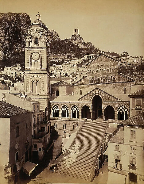The bell tower and the facade of the Amalfi Cathedral, in Salerno