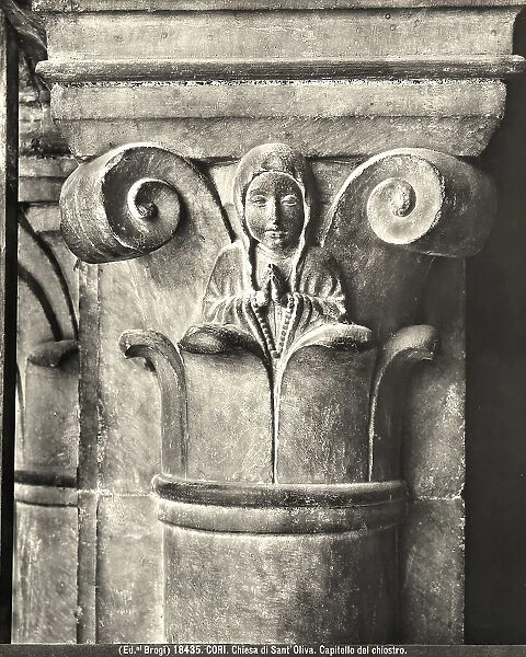 Capital depicting the Virgin between two spiral curves, in the cloister of Saint Oliva's Church, Cori