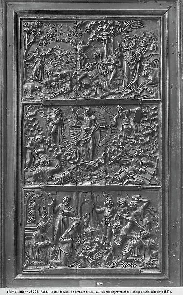 Carved panel depicting scenes of Faith in action. The work, taken from the Abbey of Saint Ricquier, formerly in the Muse du Moyen-Age de Cluny, is now preserved in the Muse de la Renaissance, Ecouen