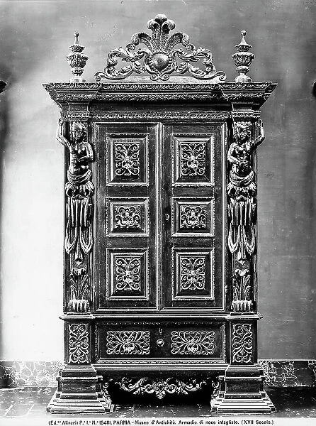 Carved walnut wardrobe, double door is decorated with panels, female hermae are carved on the side posts