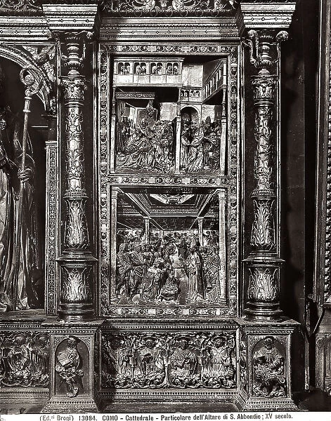 Detail of the carved wooden altarpiece with the Stories of the life of St. Abbondio, It's a Lombard masterpiece from the beginning of the sixteenth century located in the cellar of the Cathedral of Como. Done by the workshop of Giovan Angelo del Maino