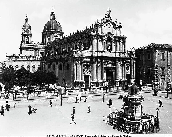The cathedral of Catania, dedicated to Saint Agatha. In the foreground, the Elephant Fountain, designed by the architect Vaccarini
