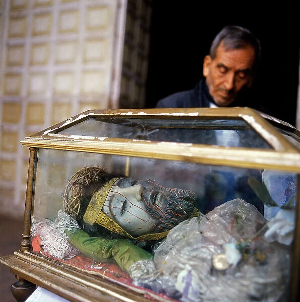 Companionship of Jesus Mission, Bolivia. Casket with a statue of Christ deposed from the Cross