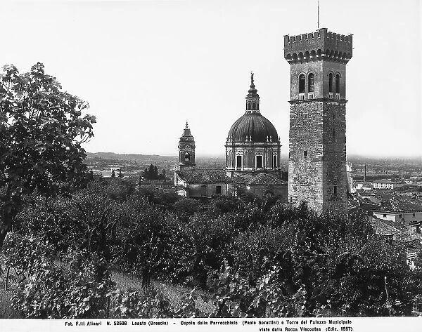 Dome of the Cathedral and the Tower of City Hall, seen from Rocca Viscontea, at Lonato in the province of Brescia
