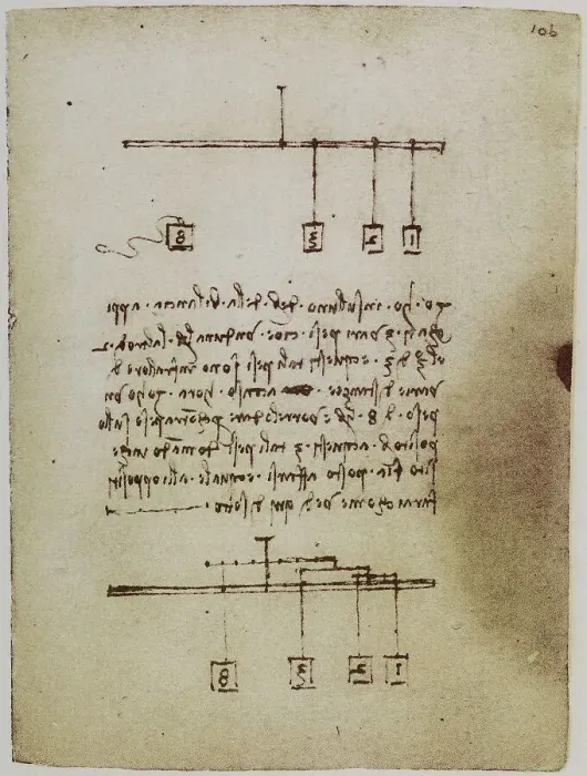 Framed Print : Experiment in physics with weights and balances, writings from the Codex Forster II, c.106r, by Leonardo da Vinci, housed in the Victoria and Albert Museum, London Framed Print : Experiment in physics with weights and balances, writings from the Codex Forster II, c.106r, by Leonardo da Vinci, housed in the Victoria and Albert Museum, London